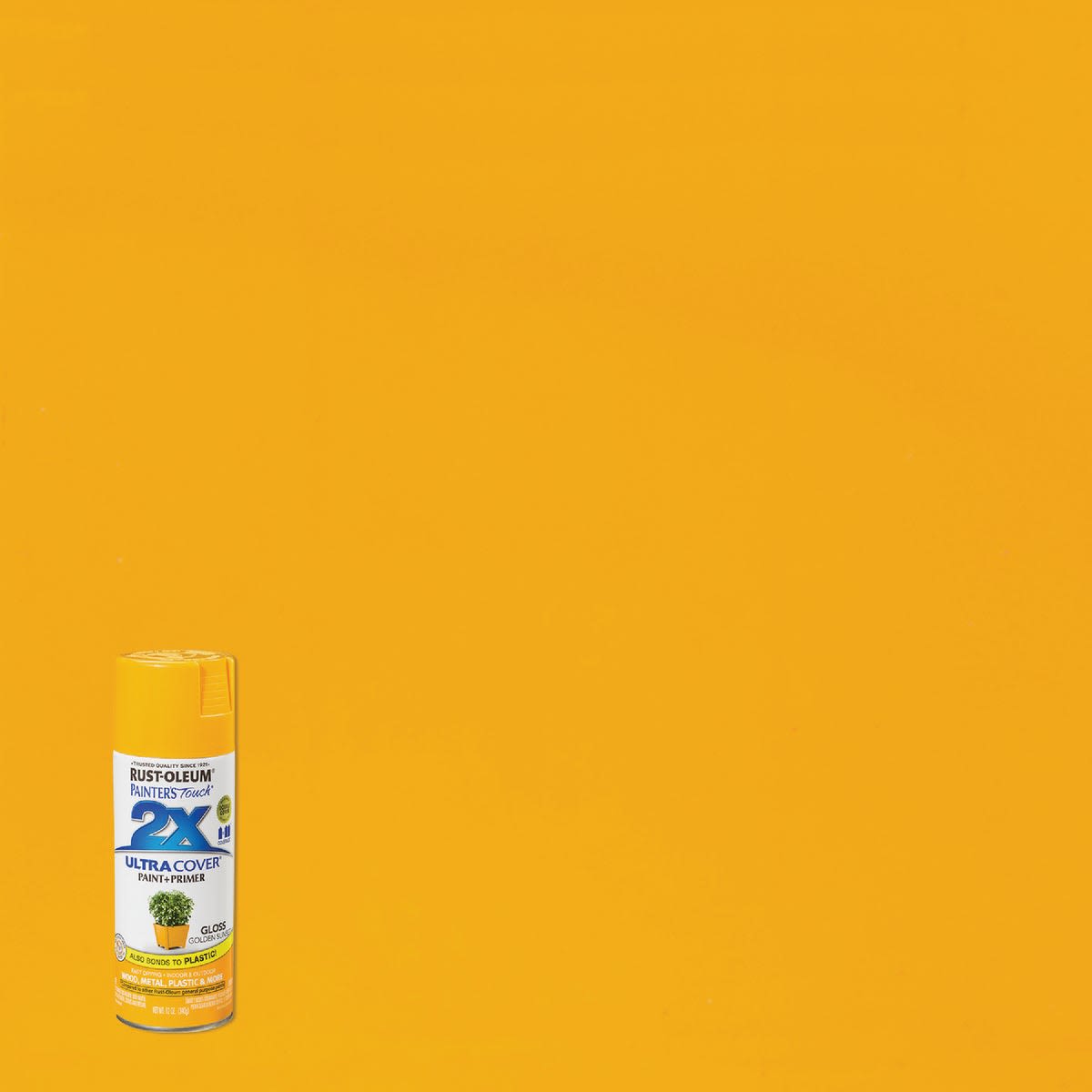 Glossy golden yellow spray paint can for crafts and home improvement in Rust Oleum Spray Paint collection under $50