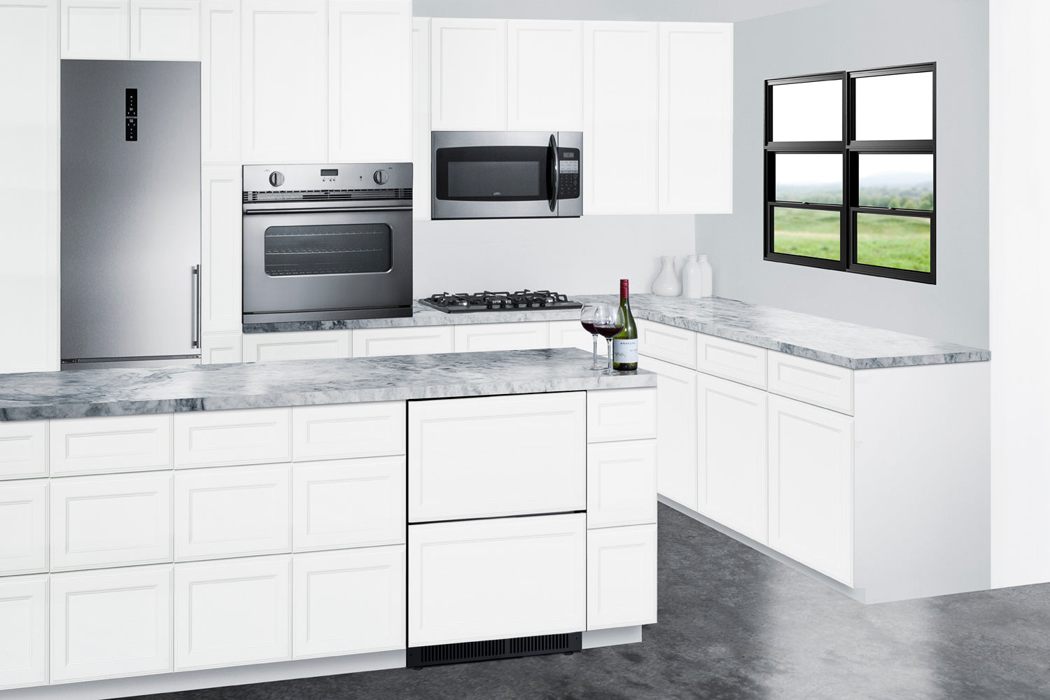 Modern kitchen featuring a built-in 24-inch two-drawer undercounter refrigerator with white panel fronts, surrounded by white cabinetry and stainless steel appliances in Refrigerators and Kitchen & Kitchenware collections.