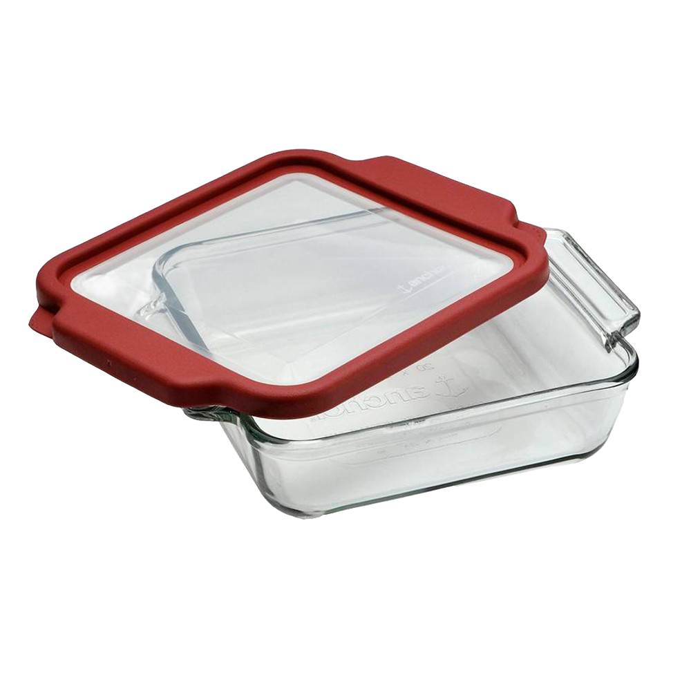 Clear glass bakeware dish with red plastic storage lid for kitchen organization in bakeware and kitchenware collections under $50