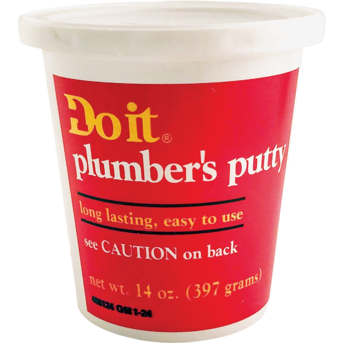 Container of 14 oz plumber's putty with red label for plumbing tools and home improvement applications