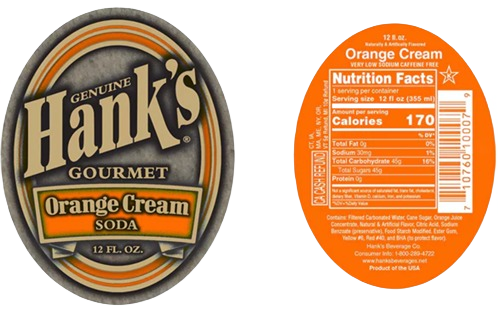Oval label for Hank's orange cream soda featuring vintage design and nutrition facts on bright orange background