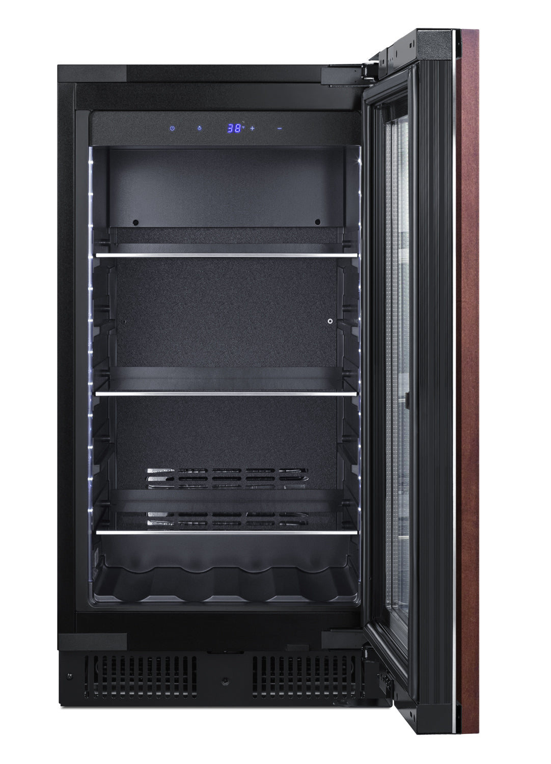 Open built-in beverage center with glass door and wood side panel, LED lighting, and adjustable metal shelves in kitchen appliances collection