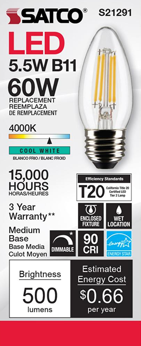 Clear Satco LED filament bulb with medium base, cool white 4000K light, dimmable and energy-efficient for home lighting