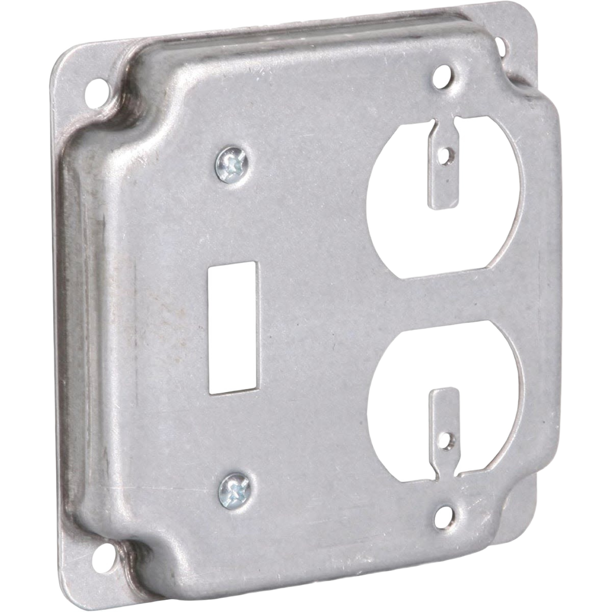 Industrial metal switch and outlet cover plate for 4-inch junction boxes in electrical and home improvement collections