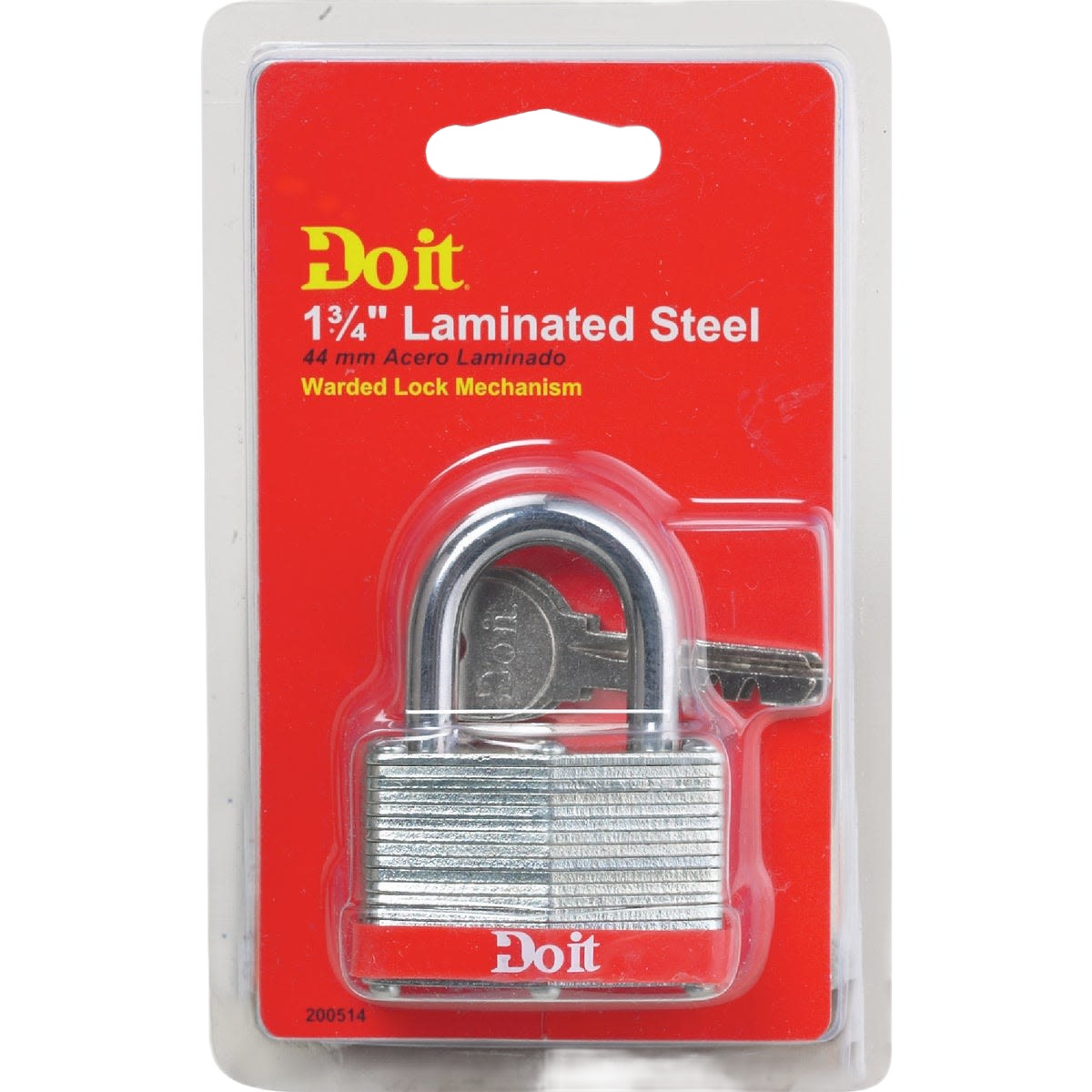 Laminated steel padlock with warded lock mechanism in clear packaging for hardware and fasteners collections under $50