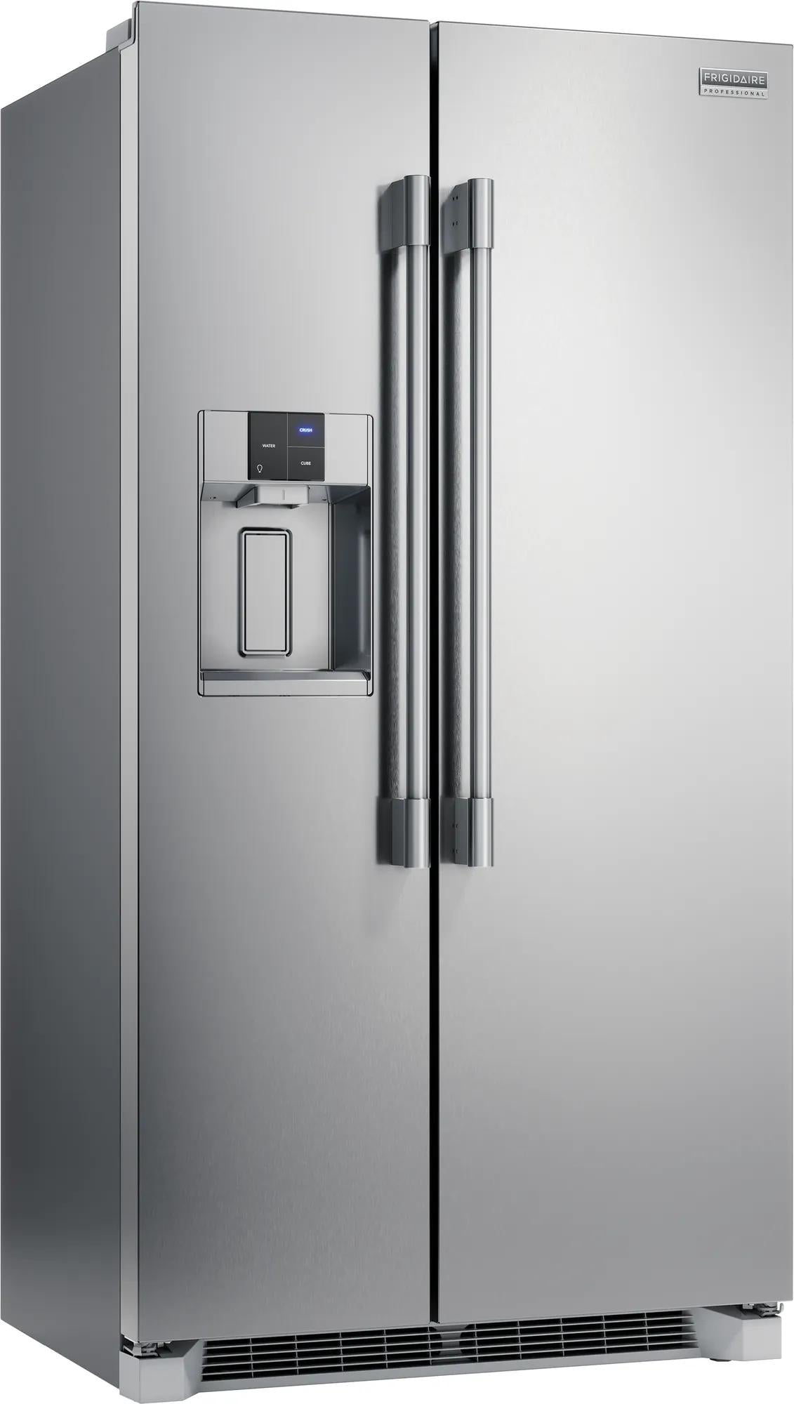 Stainless steel side-by-side refrigerator with water dispenser and digital controls in kitchen appliances collection