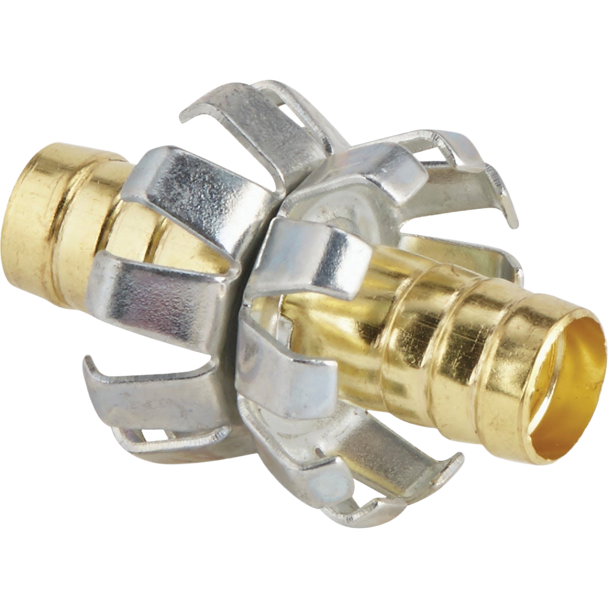 Brass and silver mid-hose mender with clamp-style connectors for repairing or extending garden hoses