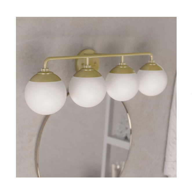 Four-light modern brass vanity fixture with round white glass shades for stylish home improvement lighting above a bathroom mirror