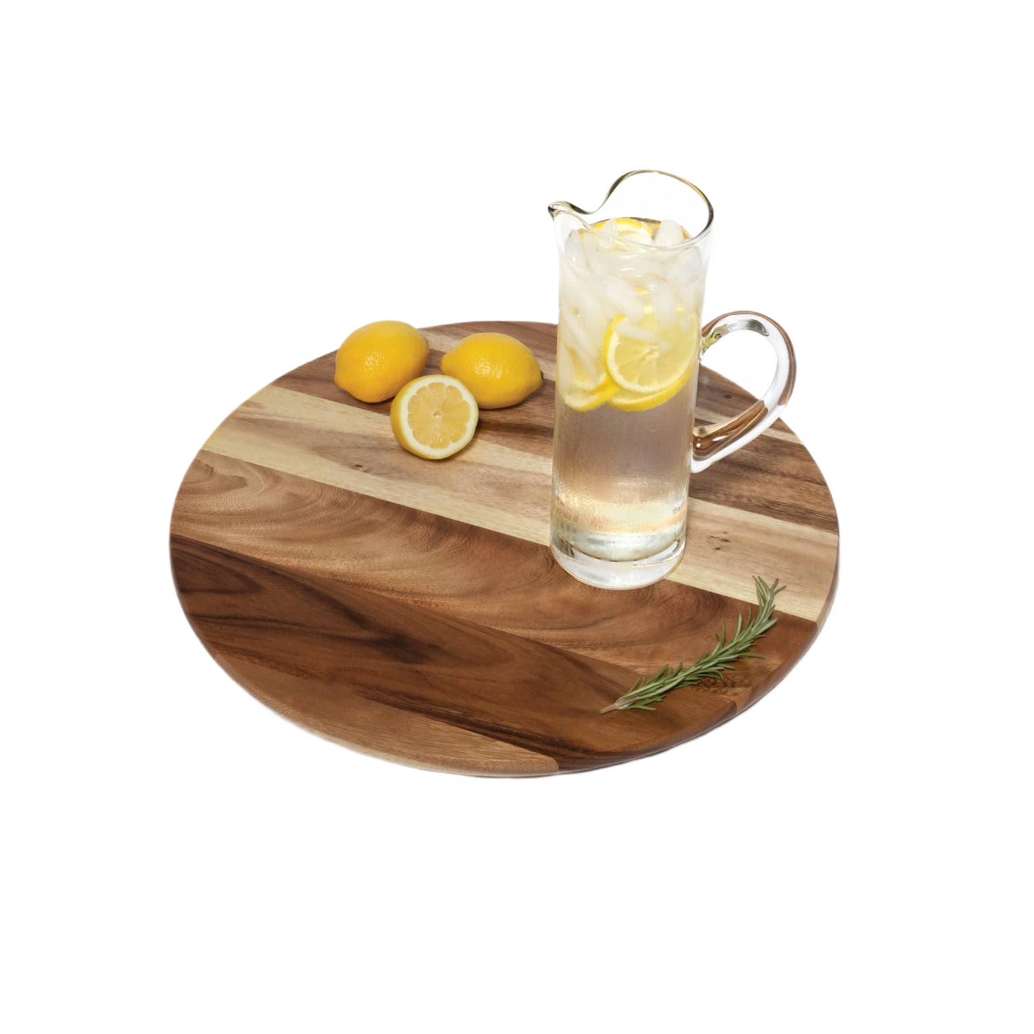 Round natural finish acacia wood turntable with pitcher of iced lemon water and fresh lemons for home use