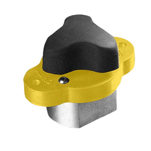 Yellow magnetic hold-down switch with black ergonomic grip for positioning tools on steel surfaces in tool accessories collection