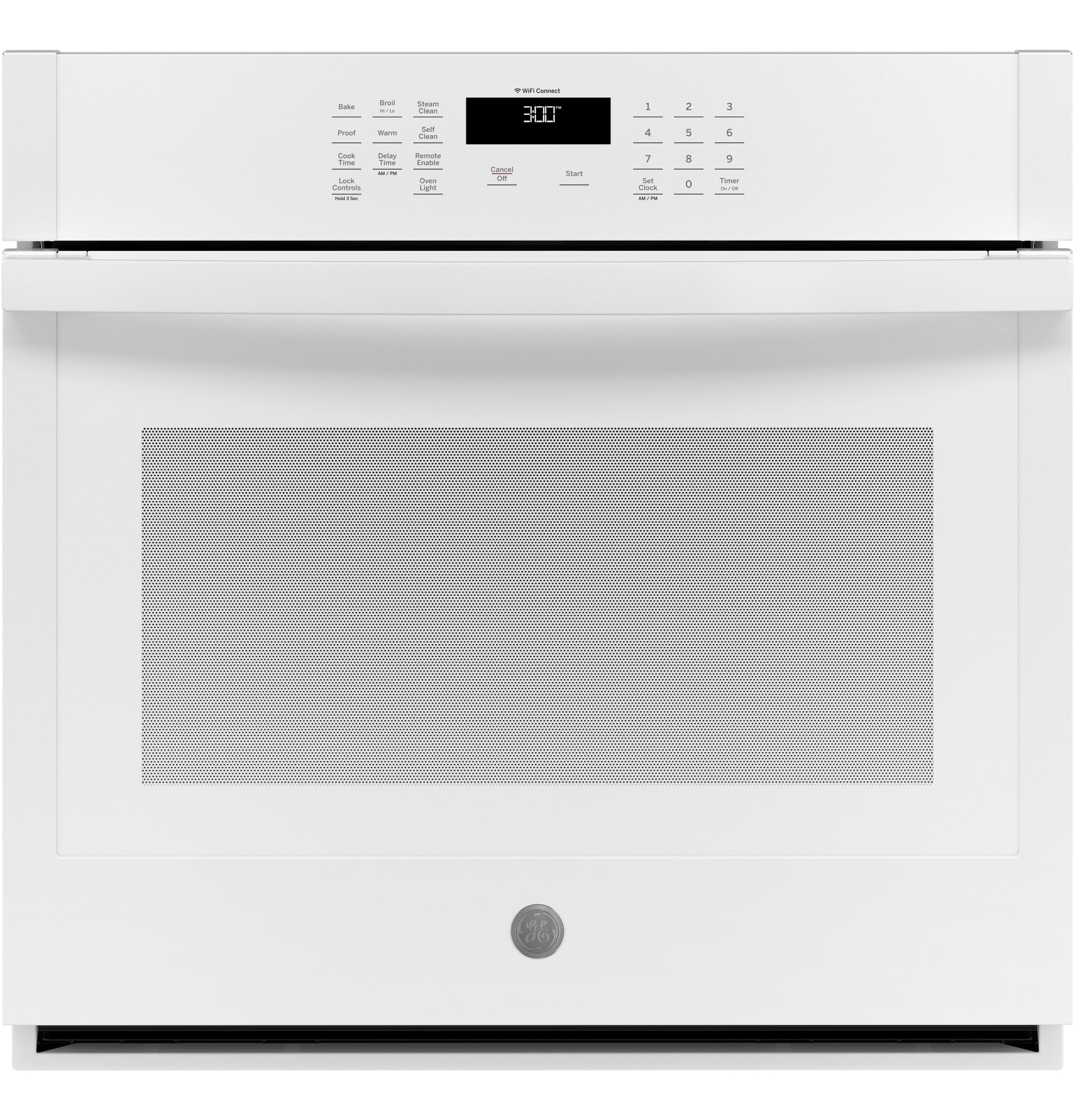 White built-in single wall oven with digital control panel and glass window for kitchen and home appliances collections