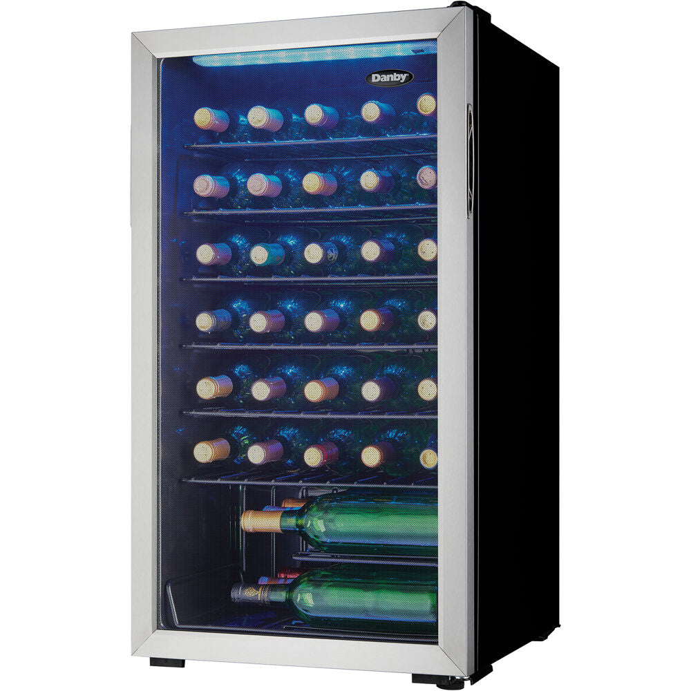 36 Bottle Wine Cooler, Interior Blue LED Lighting, Wire Shelves