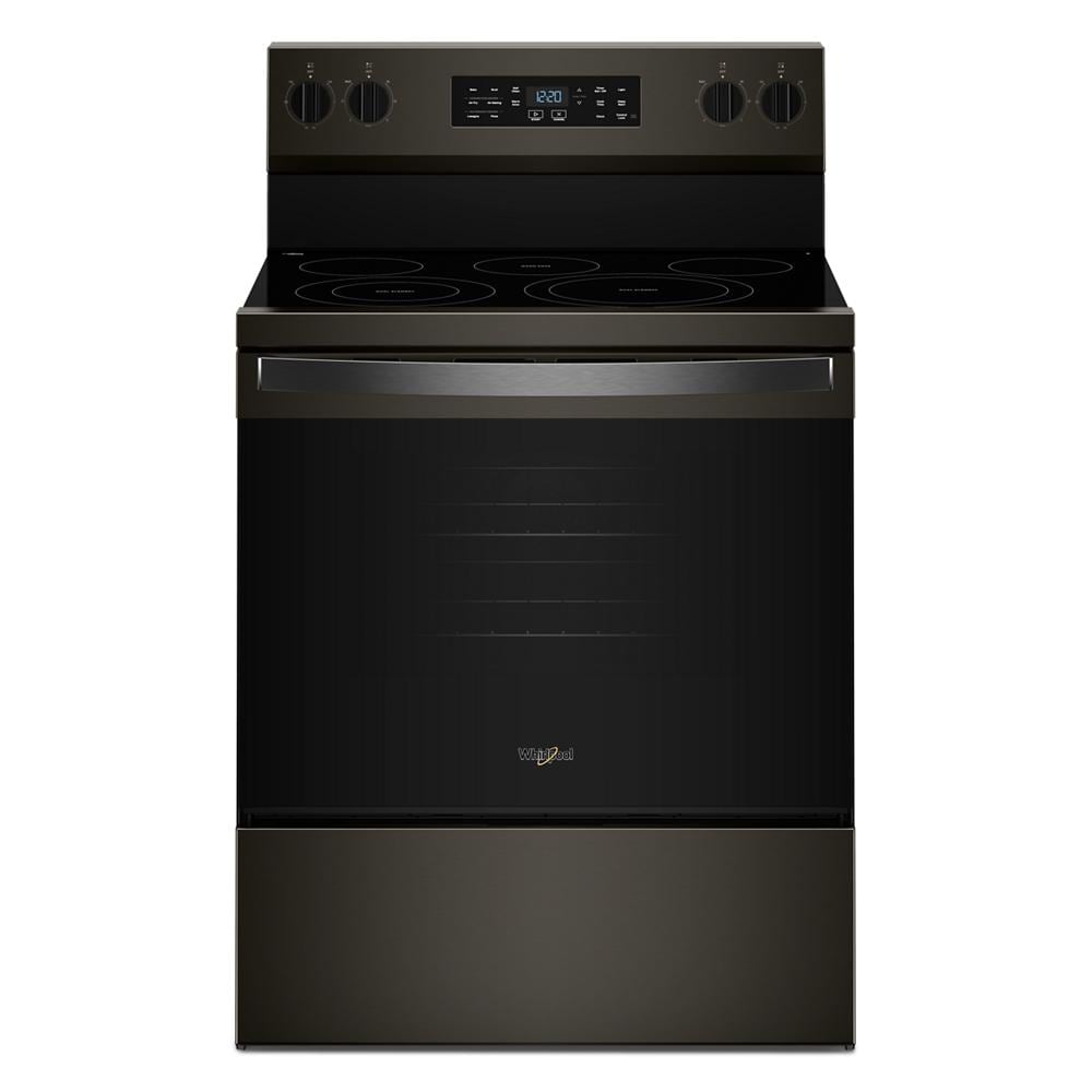 30-inch black electric range with smooth cooktop, digital controls, and Air Cooking Technology for home improvement use