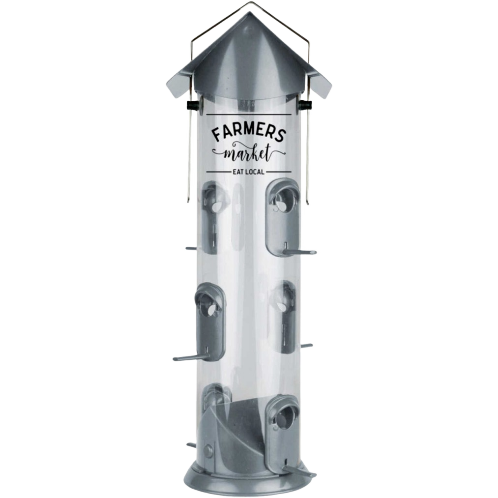 Clear tube bird feeder with metal roof and multiple feeding ports for outdoor bird watching and garden use