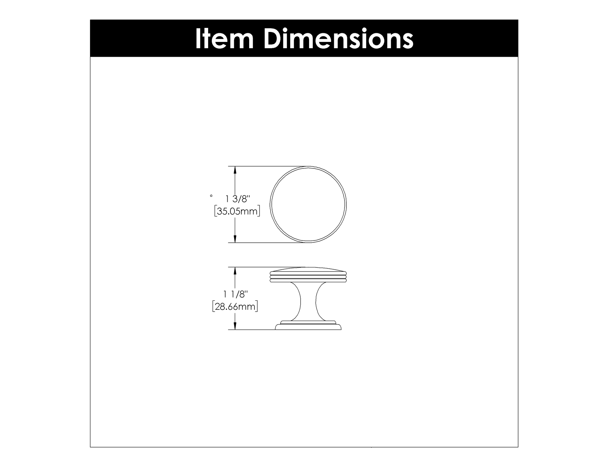 Dimensional diagram of a brushed golden brass cabinet knob for hardware and furniture accessories under $50 collection