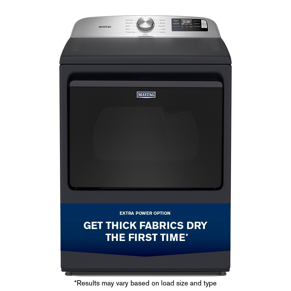 Front view of black top load gas dryer with digital display and extra power option from Dryers collection