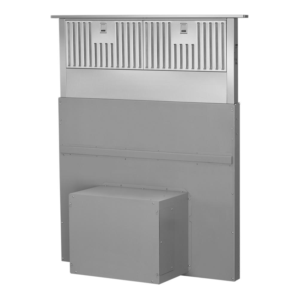 rear view of stainless steel retractable downdraft vent with integrated filters for kitchen ventilation and home improvement