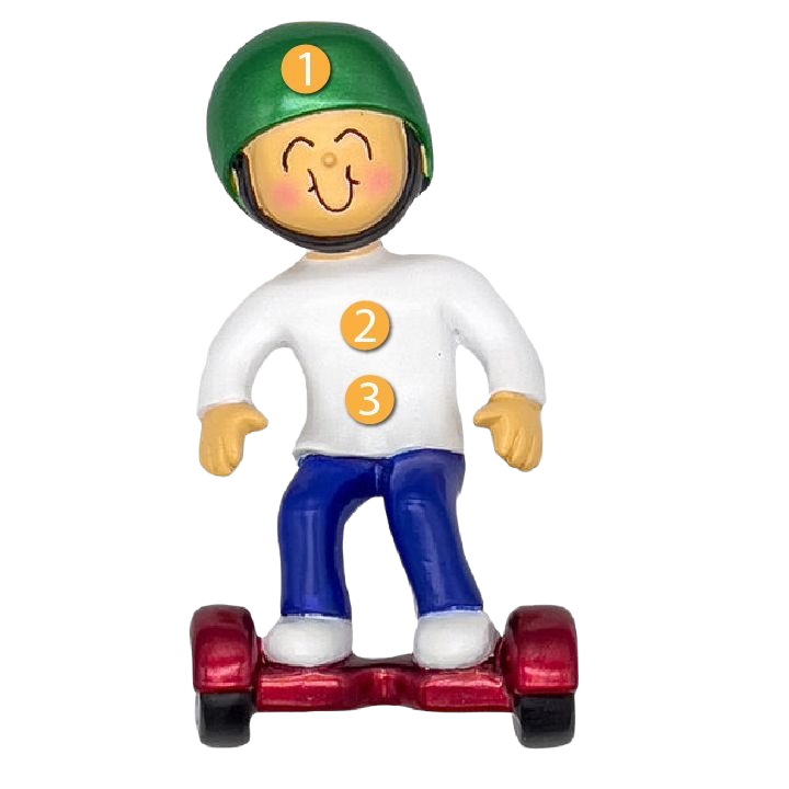 Smiling male figurine wearing green helmet riding red hoverboard for Christmas Ornaments & Tree Decorations under $50 collection