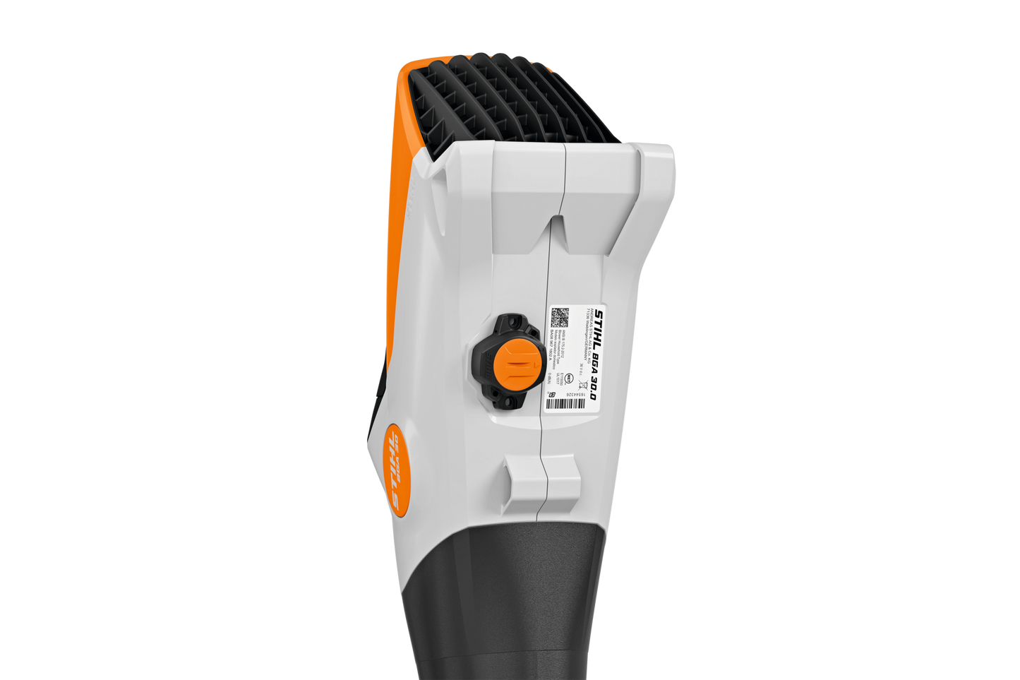 White and orange STIHL battery-powered blower with vented body and black ergonomic grip for outdoor home improvement tasks