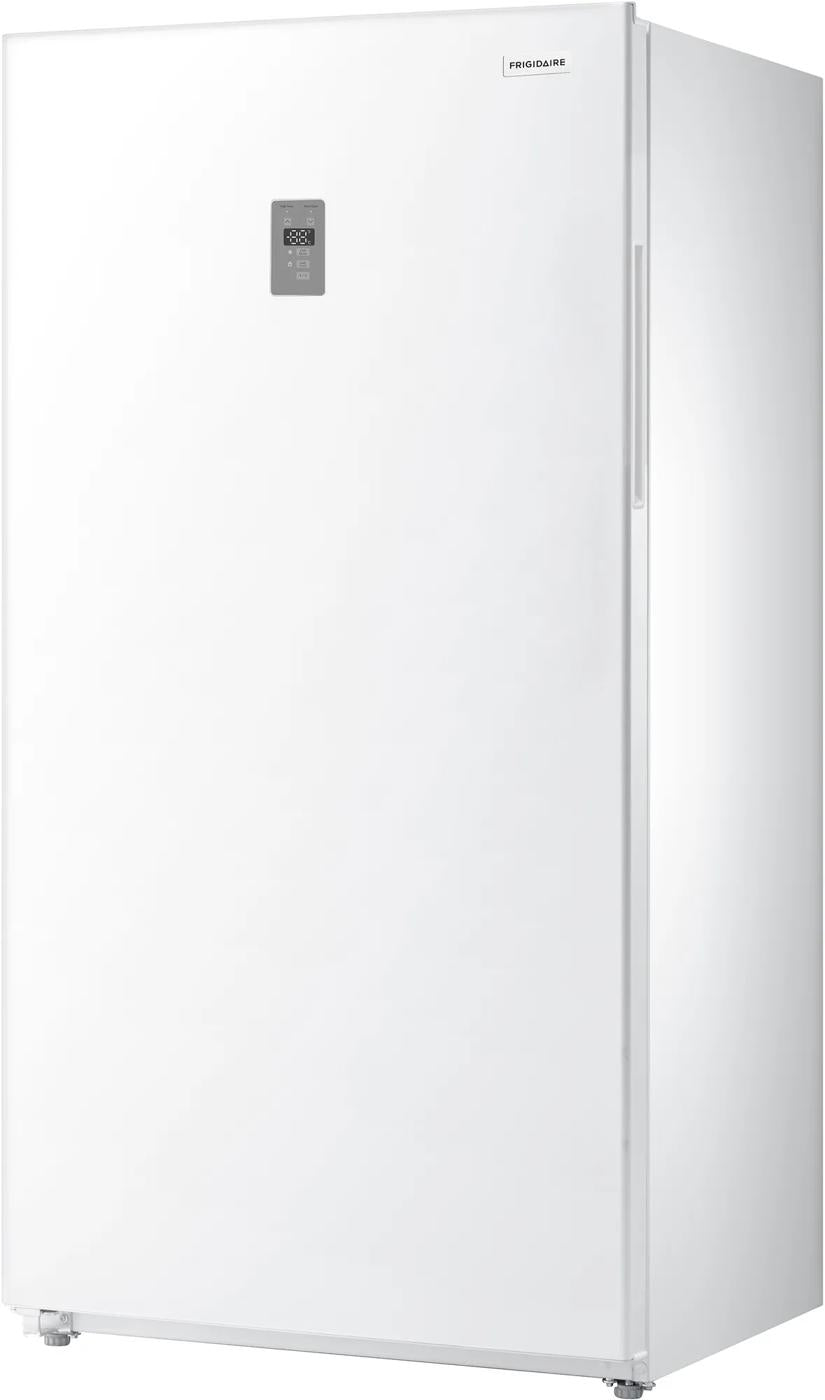 White upright garage-ready refrigerator with digital display panel, sleek design, and recessed handle, suitable for Refrigerators, Kitchen & Kitchenware, and Appliances collections.