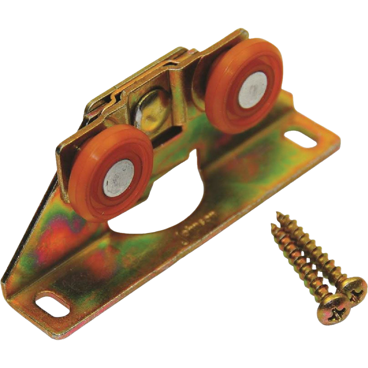 Metal door hanger bracket with two orange wheels and included installation screws for sliding door hardware tools