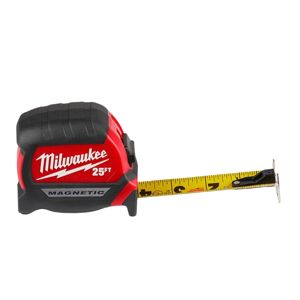 Red and black compact magnetic tape measure with 25-foot wide blade for woodworking and measuring tools collections
