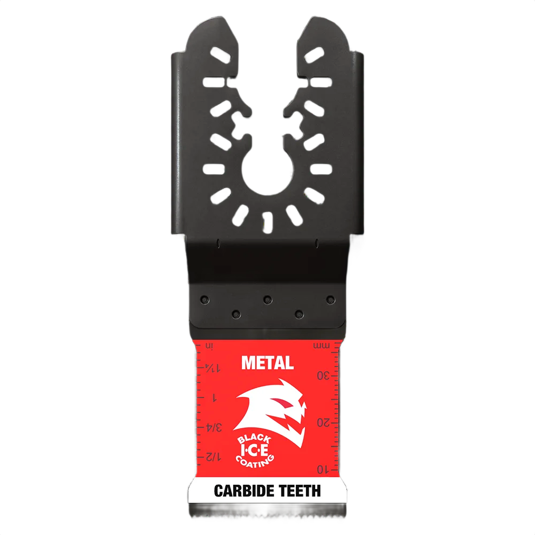 Black and red oscillating carbide blade with carbide teeth designed for metal cutting in power tool accessories collection