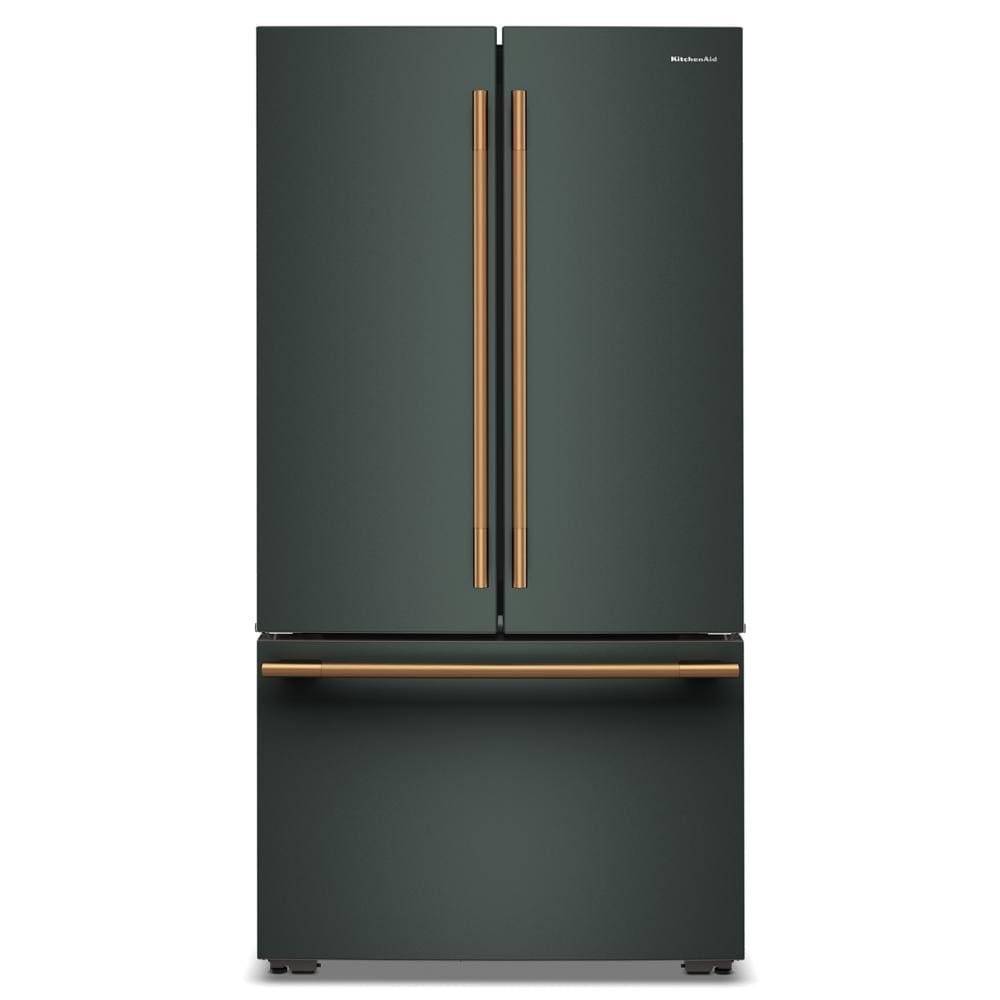 Front view of a counter-depth French door refrigerator in matte dark finish with copper-tone handles and a bottom freezer, part of KitchenAid appliances in Refrigerators, French Door Refrigerators, and Kitchen & Kitchenware collections.