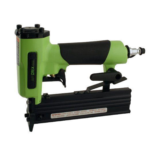 Green and black air-powered headless pinner with ergonomic grip for precision fastening in home improvement projects