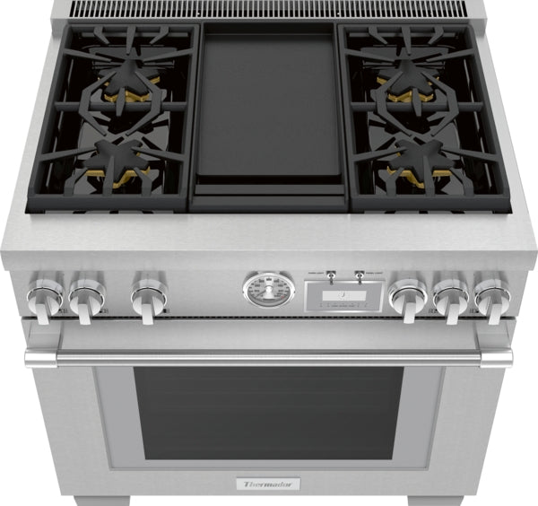 Top view of stainless steel 36-inch professional gas range with four burners and integrated griddle in kitchen appliances collection