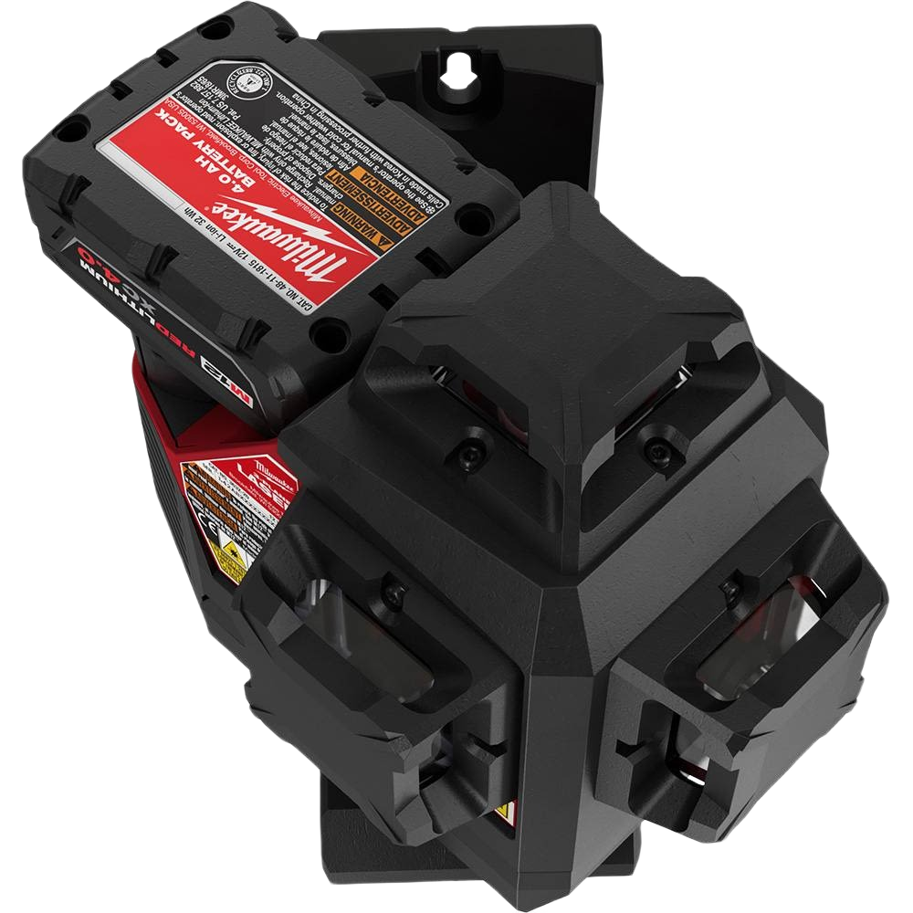 Cordless Milwaukee 3-plane green laser level with M12 REDLITHIUM battery for precise measuring and woodworking tasks