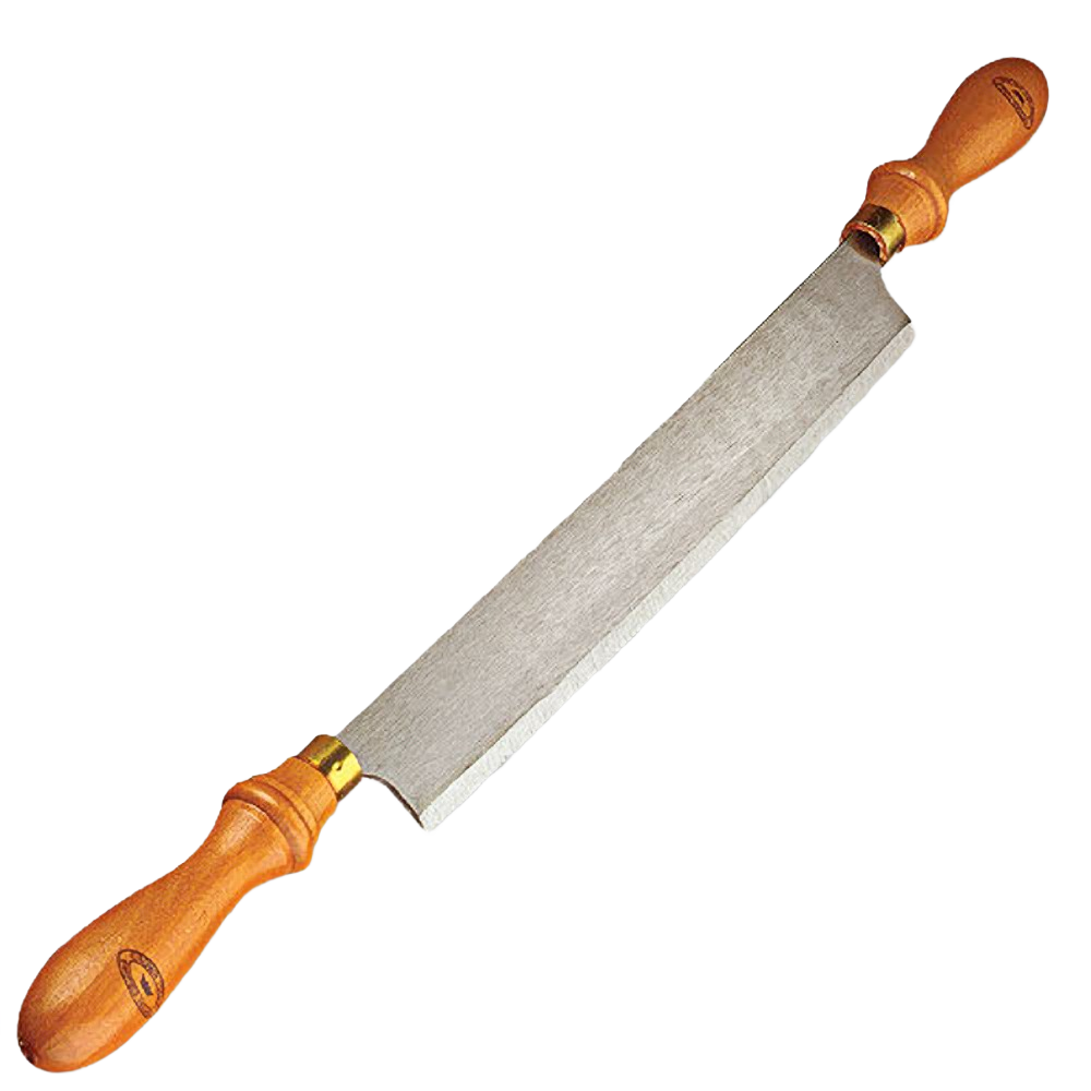 Bent draw knife with wooden handles and sharp curved blade for woodworking and home improvement tasks