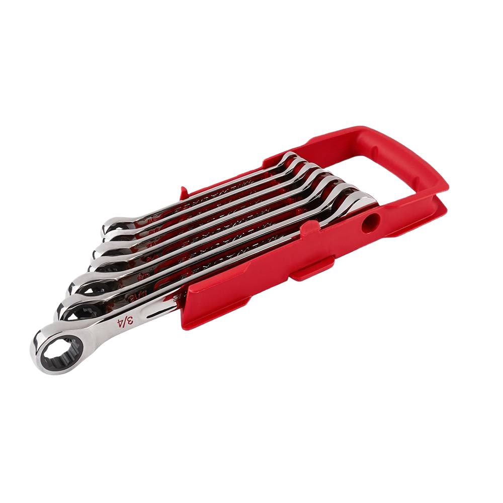 Set of 7 chrome ratcheting combination SAE wrenches with red plastic holder for tools and home improvement tasks