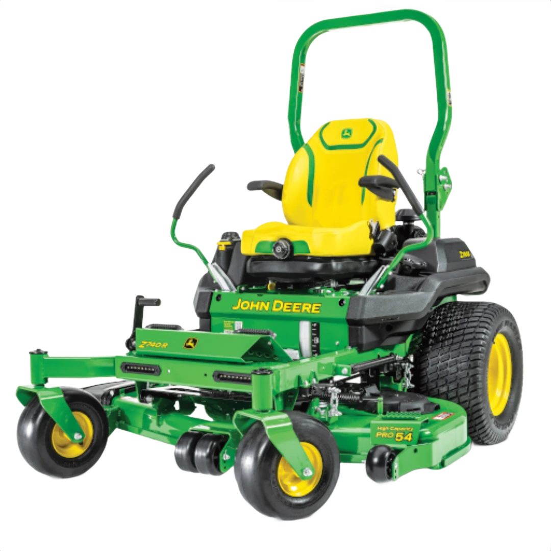 Green and yellow zero turn lawn mower with 54-inch deck for professional lawn care and home improvement tasks