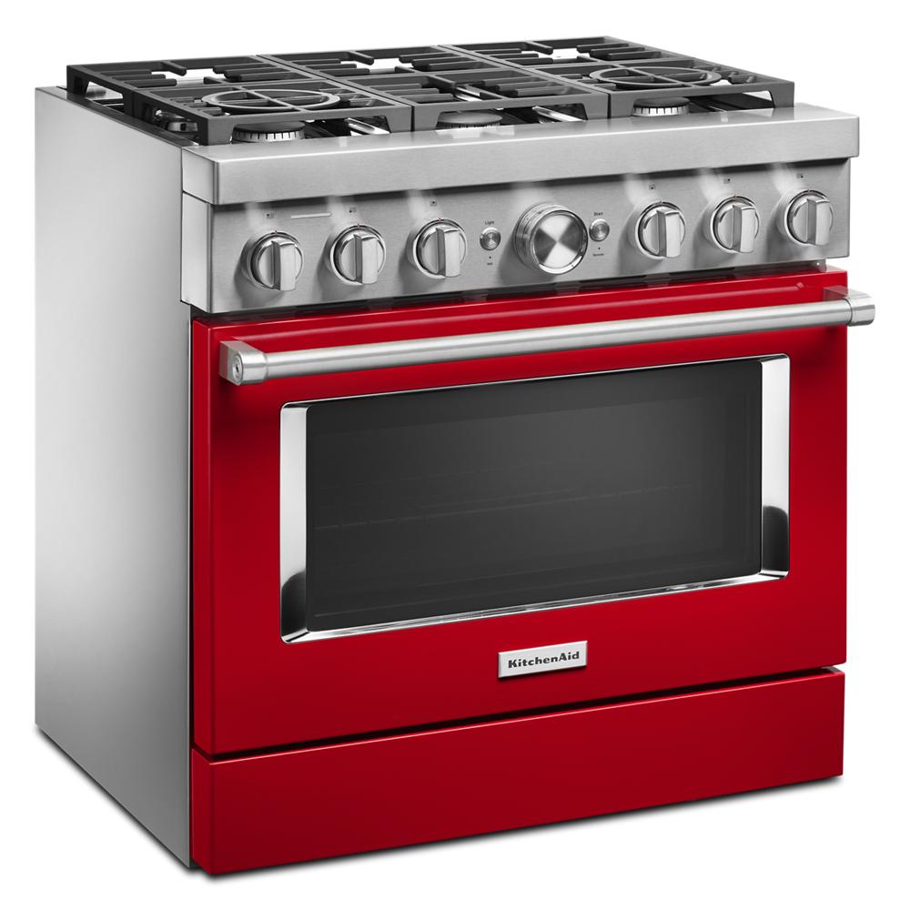 Red and stainless steel dual fuel range with six burners and commercial-style design from Ranges & Cooktops collection