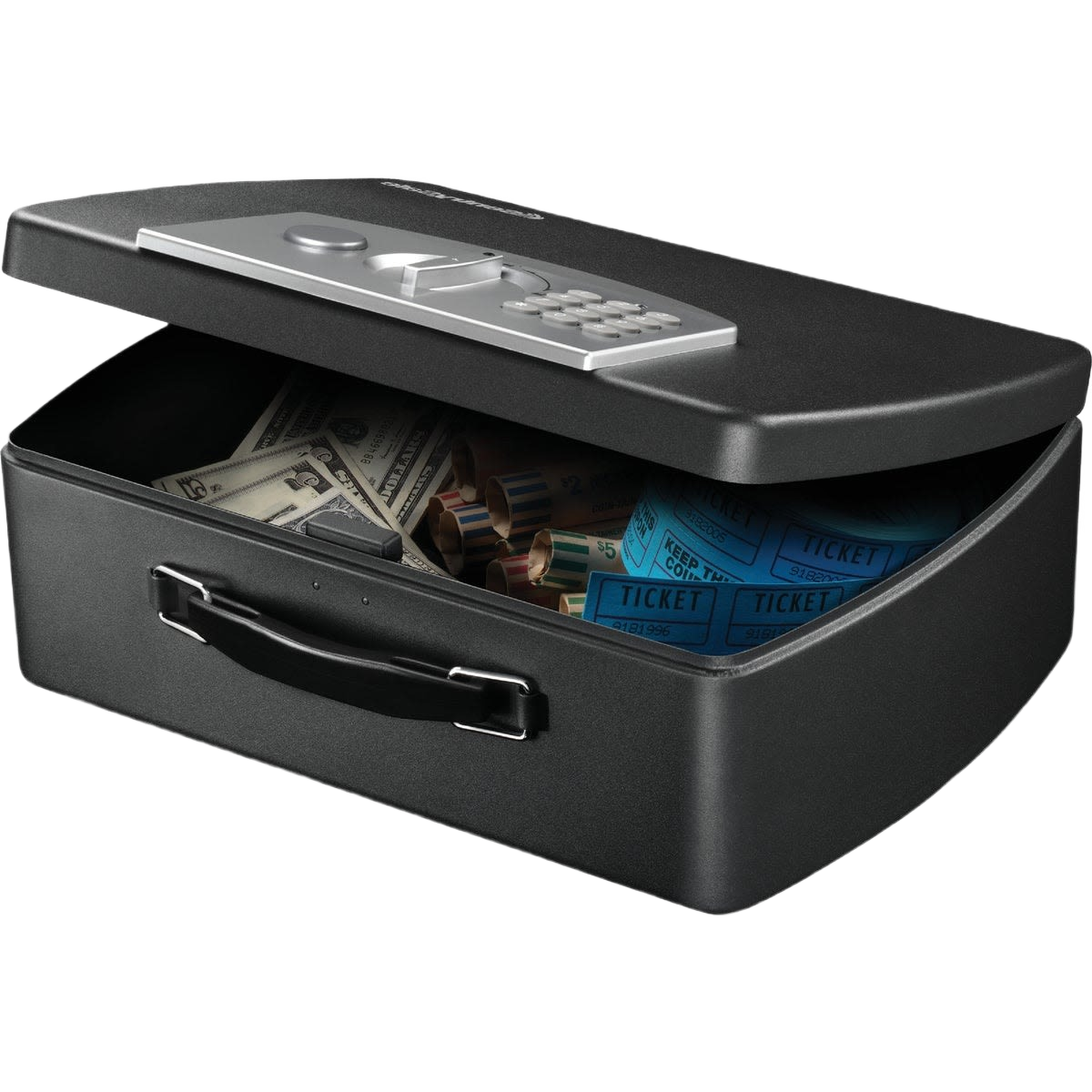 Black security chest with digital keypad open to reveal cash, coins, and event tickets in hardware and home improvement collections