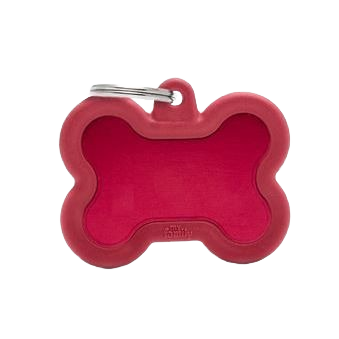 Red bone-shaped ID tag with durable frame and metal ring for pet identification and everyday use