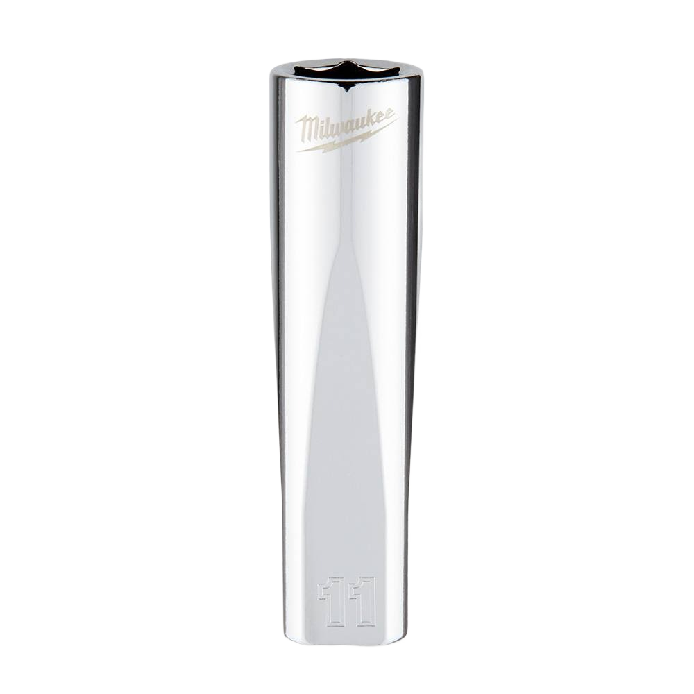Chrome-finished 11-mm deep 6-point socket with FOUR FLAT™ sides for home improvement and woodworking tools collections