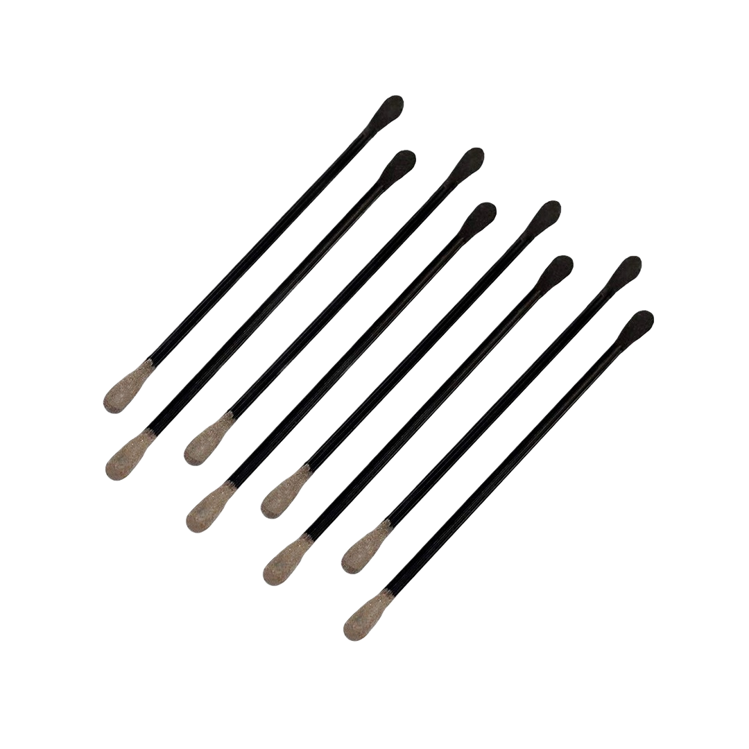 Eight black sanding swabs with brown abrasive tips for detailed sanding in home improvement and repair projects