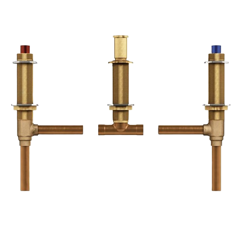 Brass two-handle valve assembly for Roman tub with hot and cold indicators for home improvement use