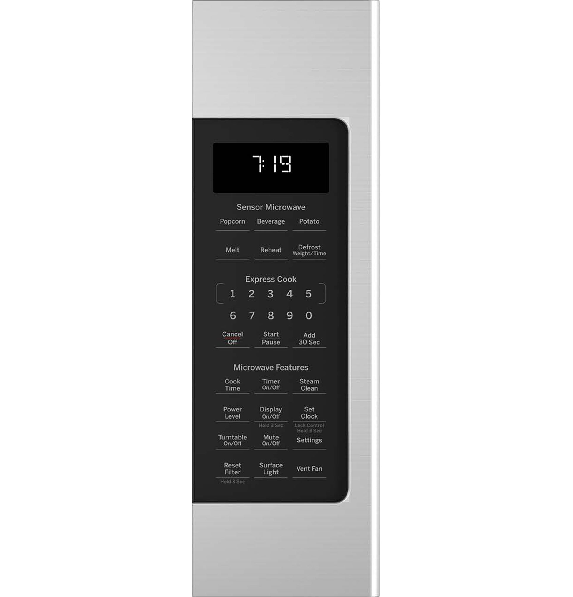 Control panel of stainless steel over-the-range sensor microwave with digital timer and cooking options from kitchen appliances collection