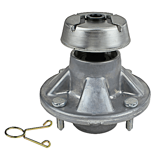Metal bearing housing assembly with mounting bolts and retaining clip for mower deck repair and tools use