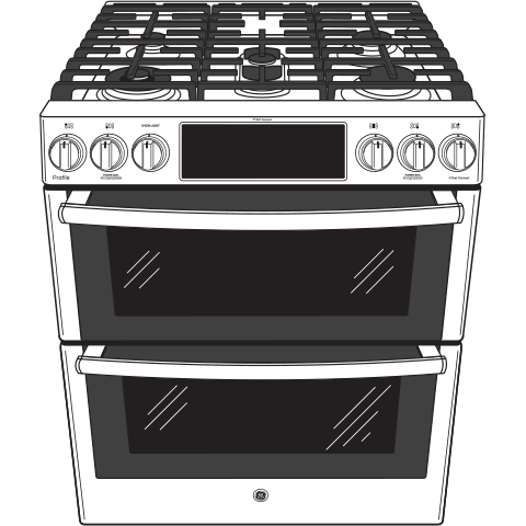 Front view of a fingerprint resistant double oven gas range with control knobs and digital display from Ranges collection
