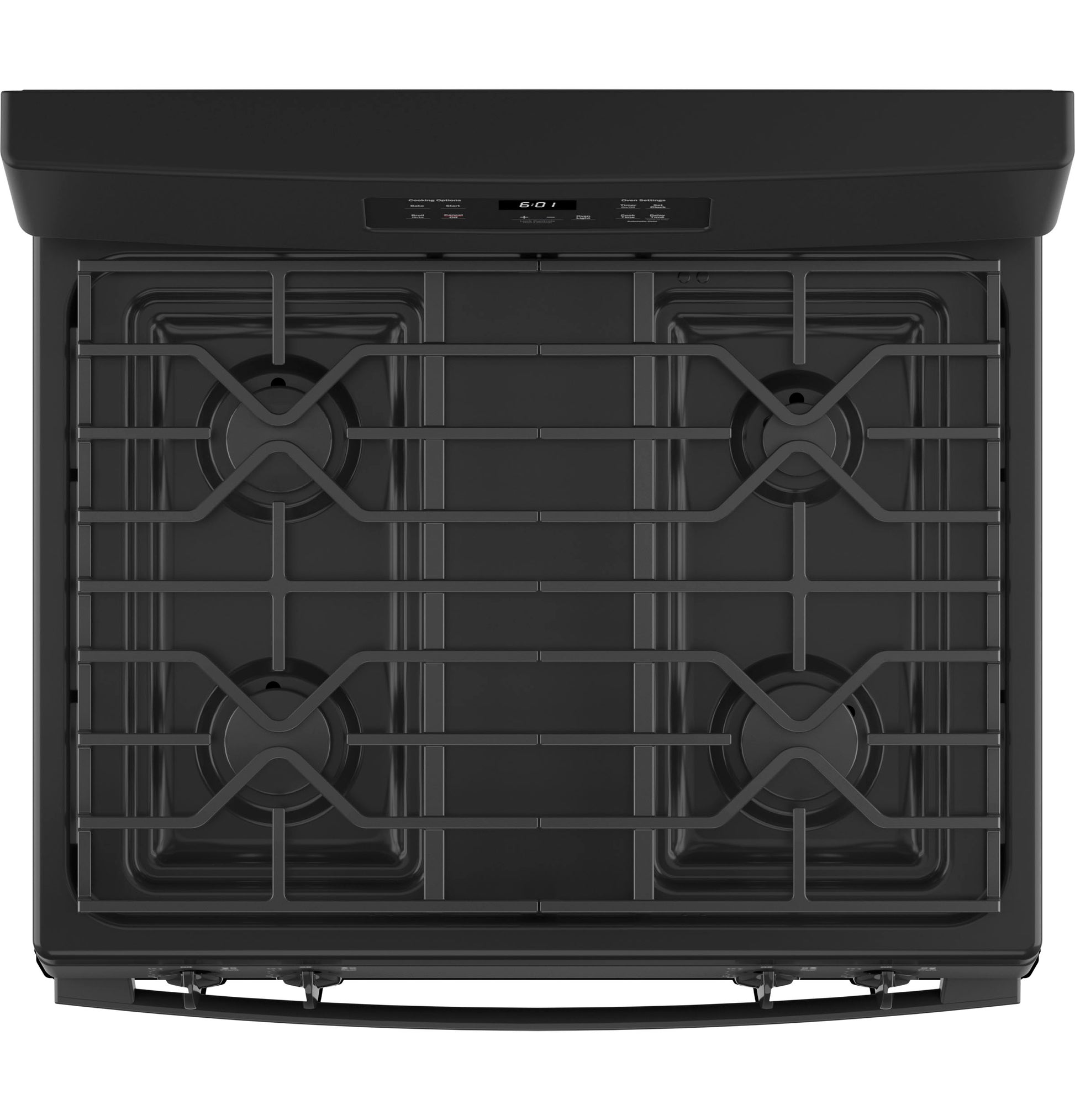 Top view of a matte black free-standing gas range with four burners and digital control panel in kitchen appliances collection