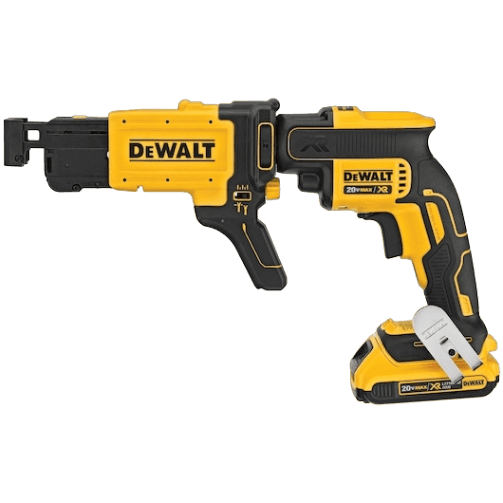 Cordless yellow and black drywall screw gun attachment with ergonomic grip designed for efficient home improvement tasks