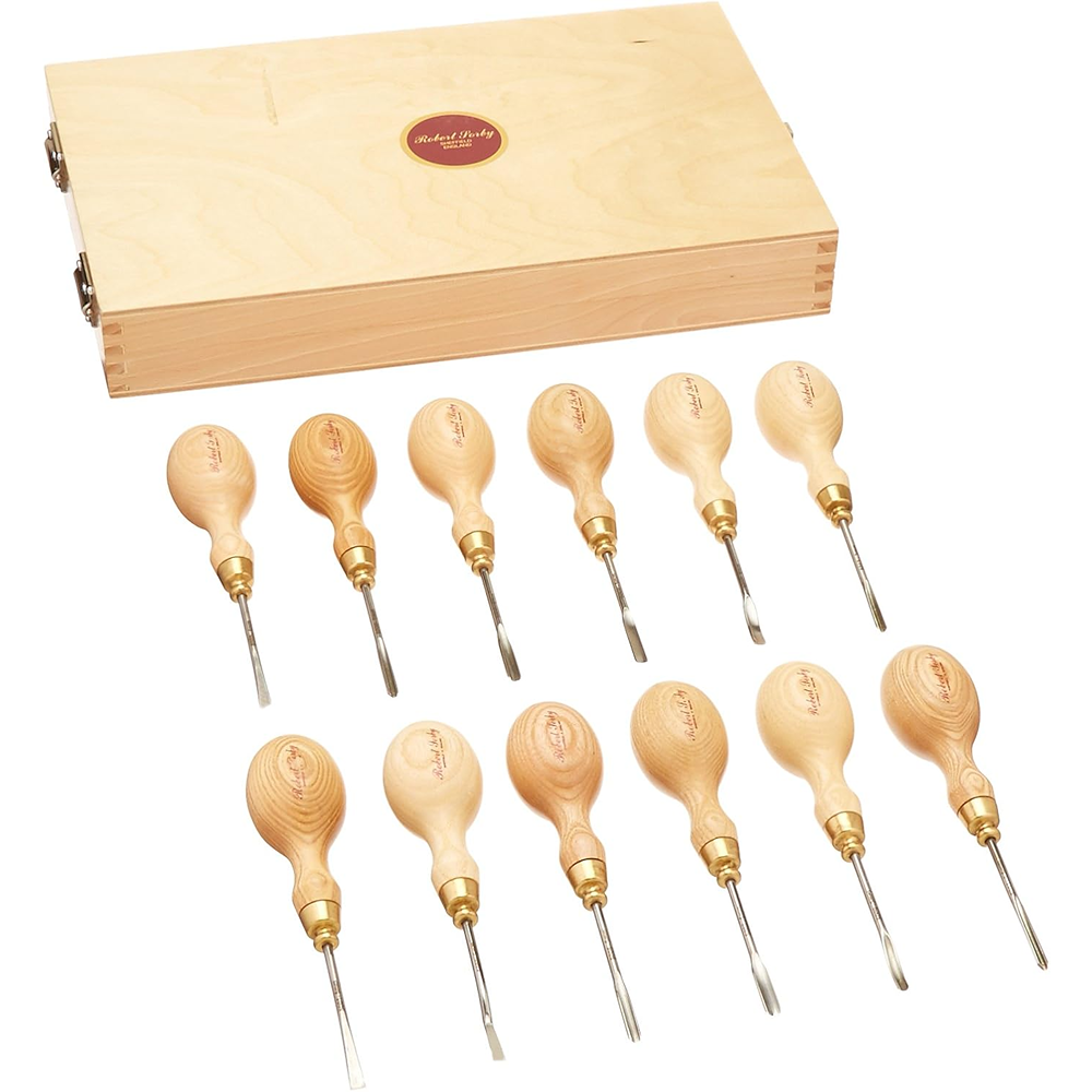 Set of twelve precision micro woodcarving tools with ergonomic wooden handles and steel blades in a wooden storage box