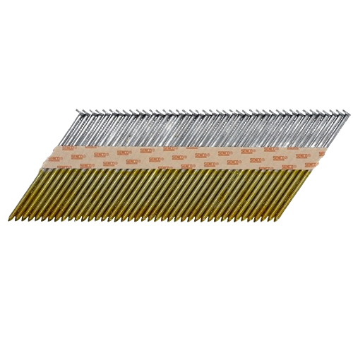 Strip of galvanized and hot dipped nails collated on paper tape for fasteners and home improvement projects
