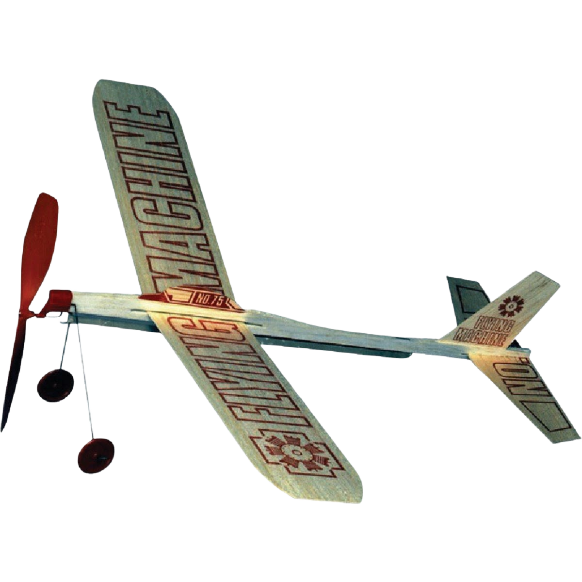 Wooden flying glider airplane with red propeller and wheels, part of outdoor games and toys collection under $50