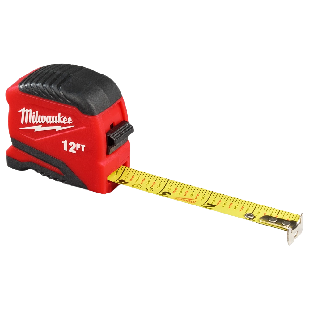Compact red and black Milwaukee tape measure with 12ft yellow blade for precise measurements in woodworking and home improvement tools collections