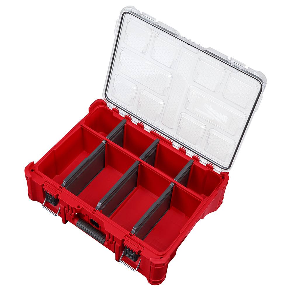 Red impact-resistant storage organizer with clear hinged lid and adjustable black dividers for tool and hardware sorting